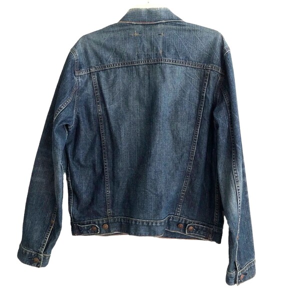 Levis Slim Trucker Jean Jacket Size L Y2k Red Tab Distressed Dark Wash Denim - Picture 5 of 14